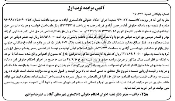 مزایده,مزایده ششدانگ مغازه تجاری مساحت 29.73متر