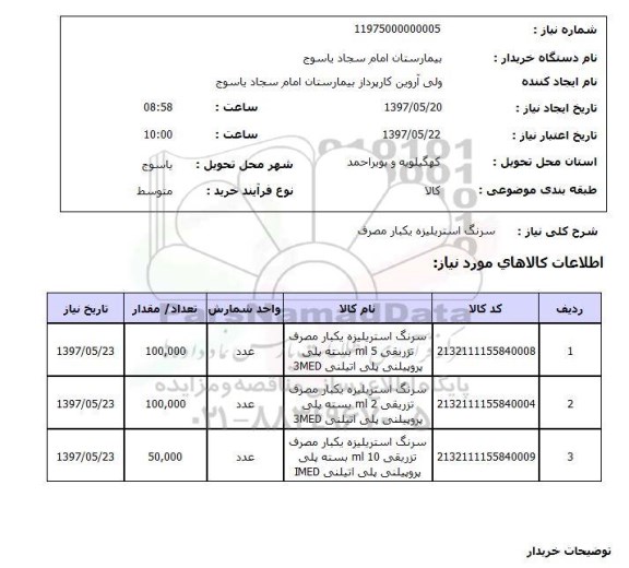 استعلام, سرنگ استریلیزه یکبار مصرف