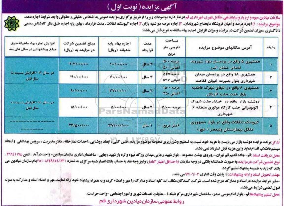مزایده , مزایده واگذاری به اجاره عرصه و اعیان فروشگاه مایحتاج شهروندان