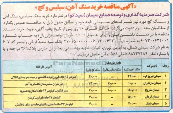 آگهی مناقصه,مناقصه خرید سنگ آهن، سیلیس و کچ