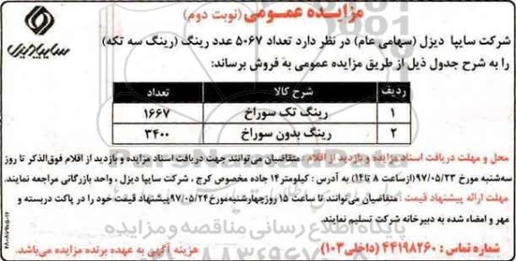 مزایده عمومی , مزایده فروش تعداد 5067 عدد رینگ (رینگ سه تکه) نوبت دوم 