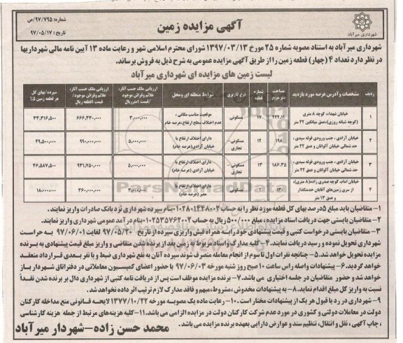 مزایده,مزایده فروش تعداد 4 قطعه زمین