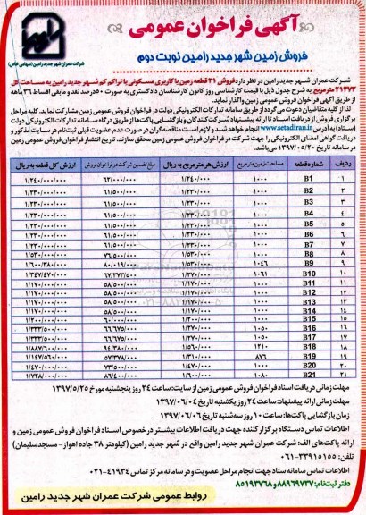 مزایده,مزایده فروش 21 قطعه زمین مسکونی مساحت کل 21373متر نوبت دوم
