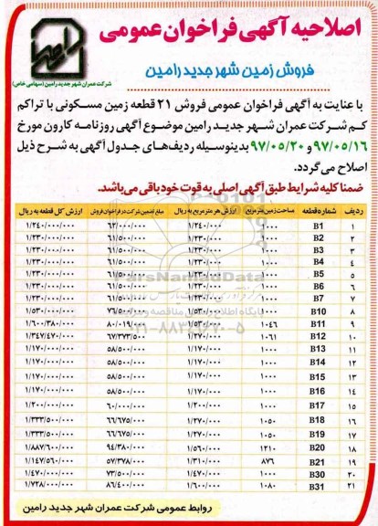 اصلاحیه مزایده,مزایده فروش 21 قطعه زمین مسکونی
