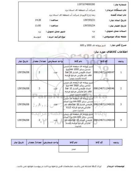استعلام,استعلام شیر پروانه ای 1000 و 600 