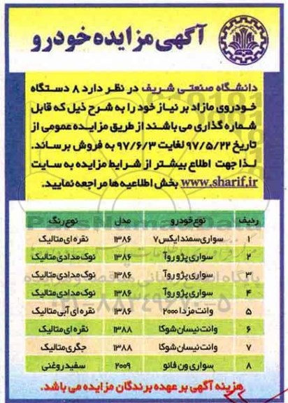 مزایده, مزایده 8 دستگاه خودرو