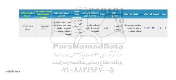 فراخوان مناقصه ، مناقصه عمومی یک مرحله ای تامین نیروی انسانی 