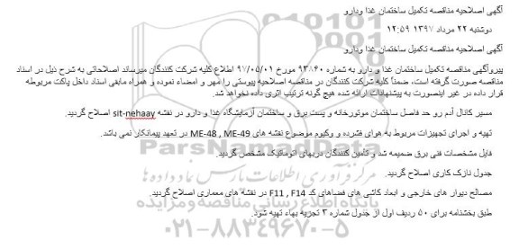 اصلاحیه مناقصه , مناقصه تکمیل ساختمان غذا و دارو