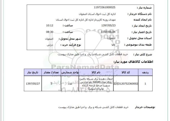استعلام, خرید قطعات کابل کشی شبکه و برق و اجرا 