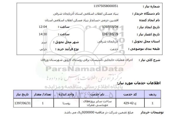 استعلام , استعلام اجرای عملیات جابجایی تاسیسات برقی ...