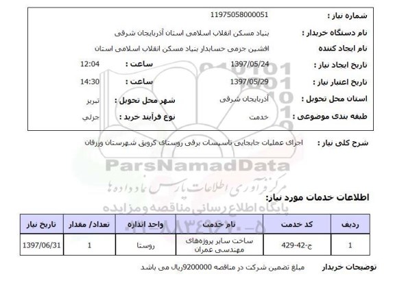استعلام , استعلام اجرای عملیات جابجایی تاسیسات برقی ...