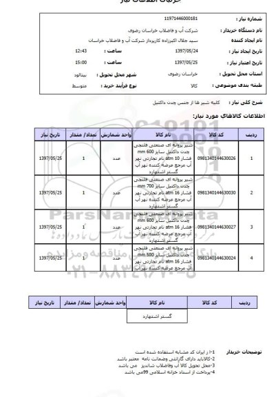 استعلام, استعلام شیر پروانه ای صنعتی 