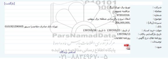 مناقصه, مناقصه انتقال نیرو و برقرسانی منطقه برق 