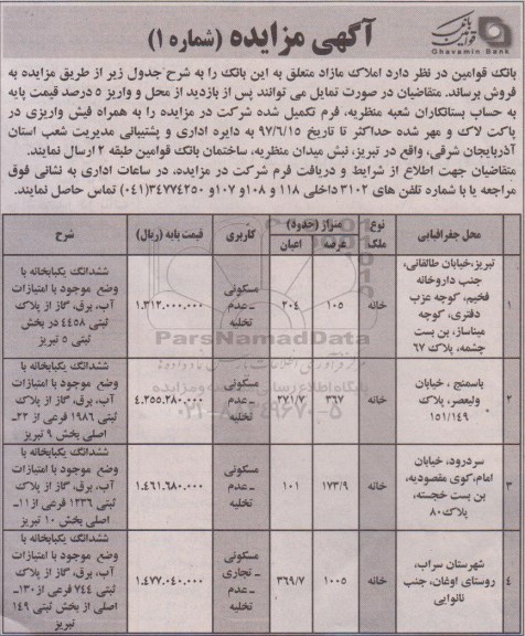 مزایده,مزایده فروش املاک مساحت 105-367-173.9-1005متر 