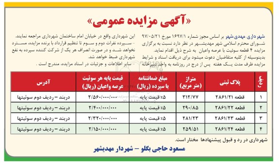مزایده ، مزایده 4 قطعه سوئیت با عرصه و اعیان