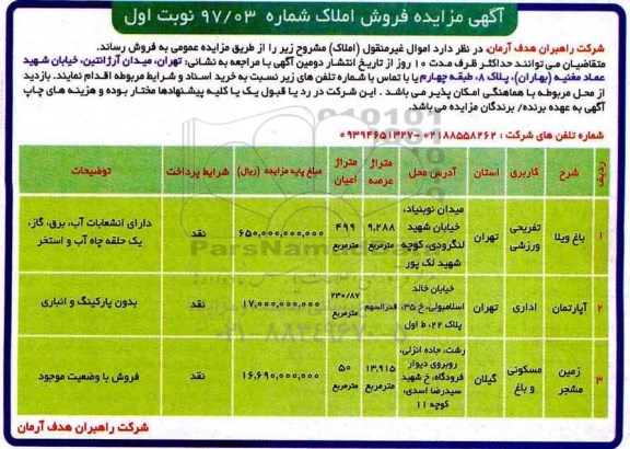 مزایده,مزایده فروش املاک مساحت 9.288-13.915متر