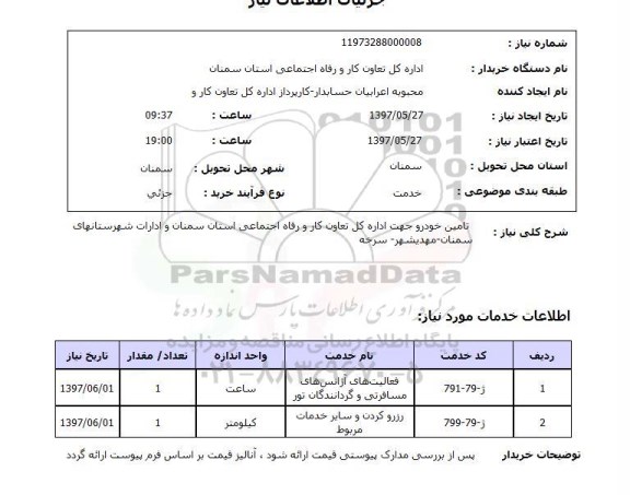 استعلام, استعلام تامین خودرو جهت اداره کل تعاون کار ...