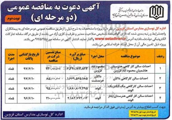 مناقصه احداث سالن کارگاهی هنرستان - نوبت دوم 