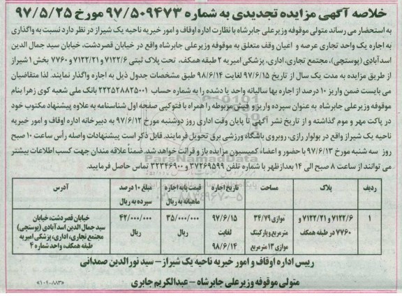 مزایده,مزایده واگذاری به اجاره یک واحد تجاری