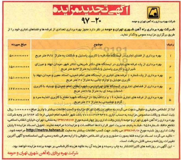 مزایده تجدید بهره برداری تعدادی از غرفه ها