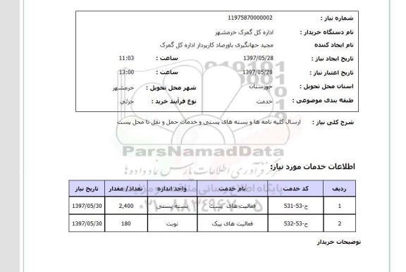 استعلام, ارسال کلیه نامه ها و بسته های پستی و خدمات حمل و نقل تا محل پست 