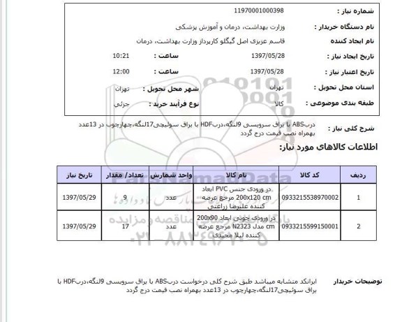 استعلام,استعلام درب ABS با یراق سرویس