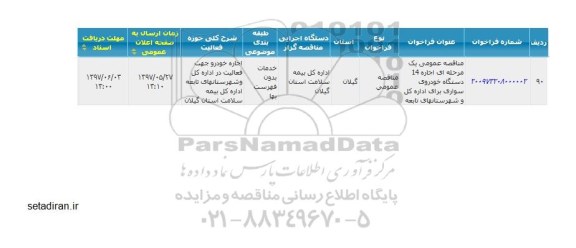 مناقصه عمومی, مناقصه عمومی اجاره 14 دستگاه خودروی سواری برای اداره کل و شهرستانهای تابعه