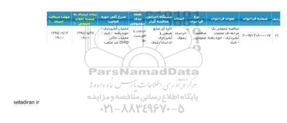 مناقصه, مناقصه عمومی یک مرحله ای عملیات آبخیزداری حوزه رهنه