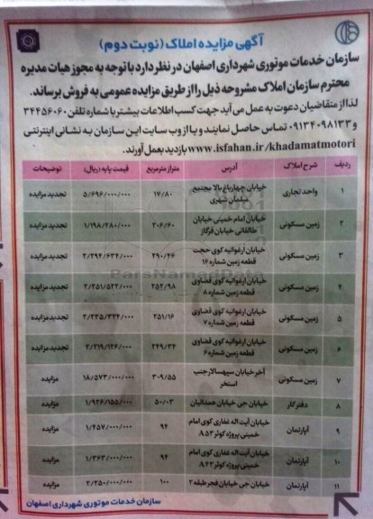 مزایده,مزایده فروش املاک شامل واحد تجاری.زمین .دفترکار.آپارتمان نوبت دوم 