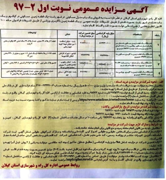 مزایده, مزایده فروش ششدانگ یکباب منزل مسکونی.دو قطعه زمین و یکباب مغازه
