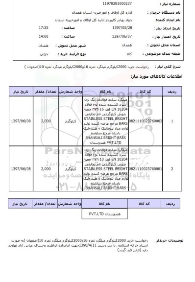 استعلام, استعلام درخواست خرید 2000 کیلوگرم میلگرد نمره 16 و...