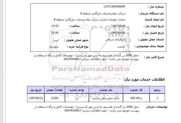استعلام, حمل گندم 