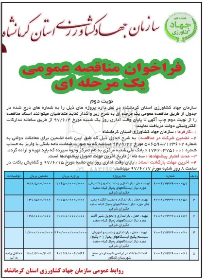 فراخوان مناقصه یک مرحله ای ,فراخوان تهیه، حمل ، باراندازی و نصب تجهیزات برقی.. ـ نوبت دوم