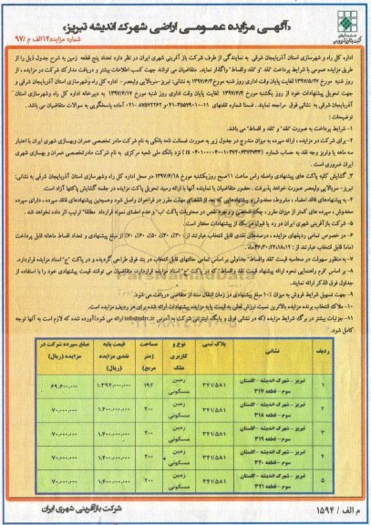 مزایده,مزایده واگذاری تعداد 5 قطعه زمین نقد و اقساط 