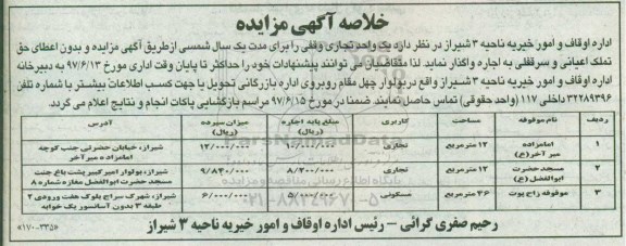 آگهی مزایده،آگهی مزایده واگذاری اجاره یک واحد تجاری وقفی