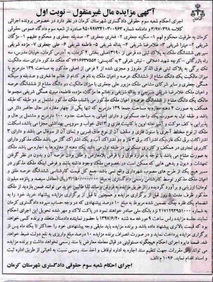 مزایده,مزایده ششدانگ ملک بخش دو کرمان به پلاک ثبتی ده فرعی نوبت اول