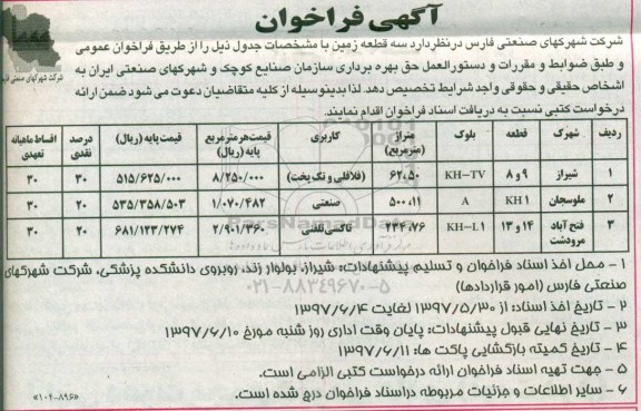 آگهی فراخوان, فراخوان سه قطعه زمین 