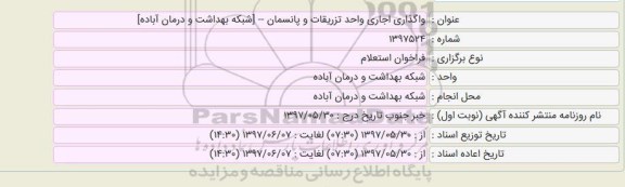 فراخوان استعلام, فراخوان استعلام واگذاری اجاری واحد تزریقات و پانسمان
