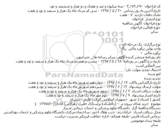 مناقصه, مناقصه خريد غذای بيرون بر (دانشکده پرستاری حضرت زهرا(س)