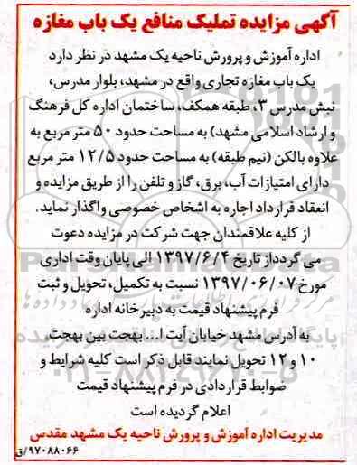 آگهی مزایده, مزایده تملیک منافع یک باب مغازه