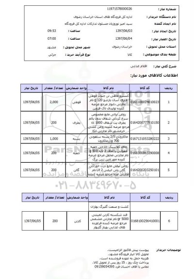 استعلام, کنسرو تن ماهی ، روغن نباتی و ....