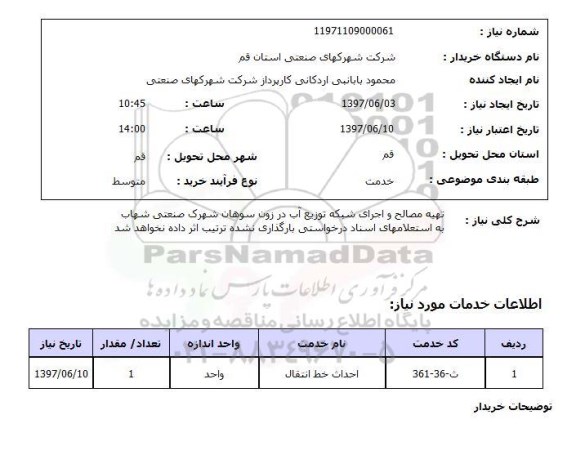 استعلام,  تهیه مصالح و اجرای شبکه توزیع آب 