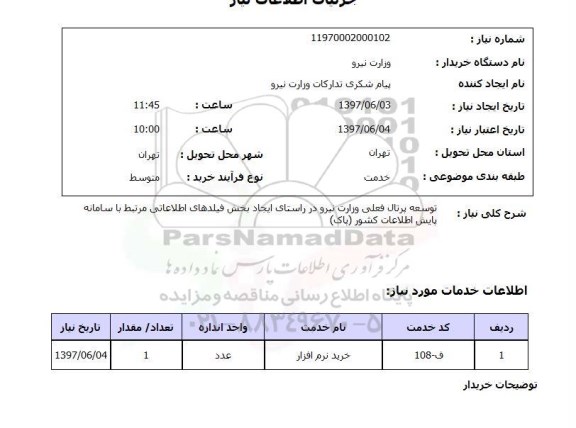 استعلام, توسعه پرتال فعلی وزارت نیرو در راستای ایجاد بخش فیلدهای اطلاعاتی ...