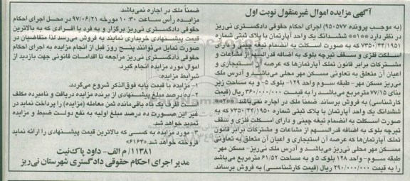 مزایده,مزایده آپارتمان مساحت 61.52متر نوبت اول