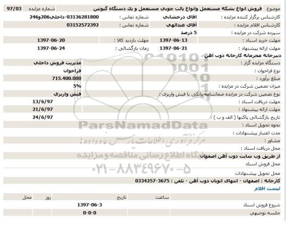 مزایده, مزایده فروش انواع بشكه مستعمل وانواع پالت چوبی مستعمل و یك دستگاه گیوتین 