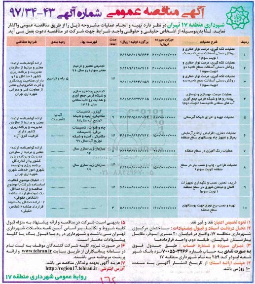 آگهی مناقصه عمومی, مناقصه عملیات لکه گیری، مرمت نوار حفاری و روکش دستی