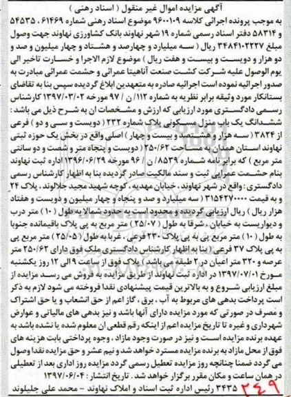 مزایده,مزایده ششدانگ منزل مسکونی مساحت 250.62متر 