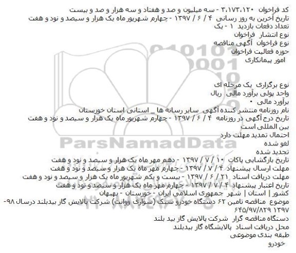مناقصه, مناقصه تامین ۶۲ دستگاه خودرو سبک