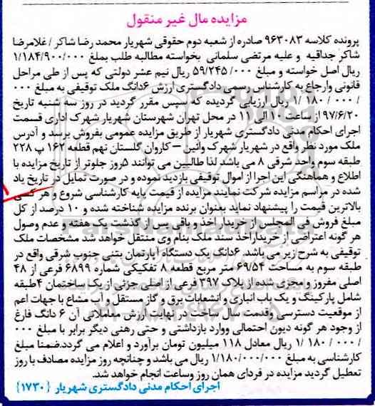 مزایده, مزایده ششدانگ آپارتمان مساحت 69.54متر قطعه 8 تفکیکی