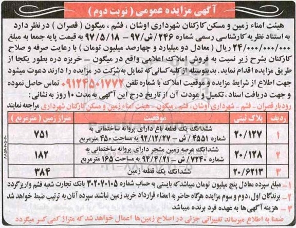 مزایده, مزایده فروش املاک مساحت 751-182-384متر نوبت دوم